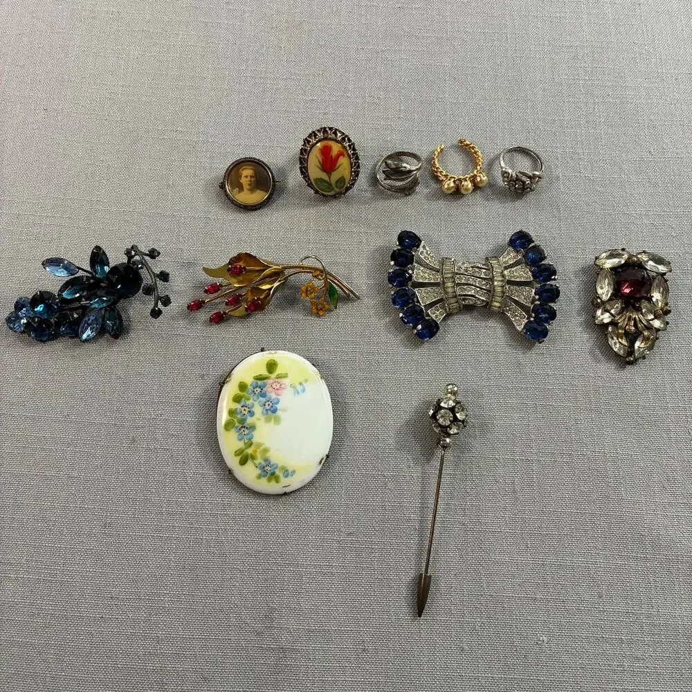 Vintage Costume Jewelry Lot Rhinestone Brooches Pins Rings Floral Portrait